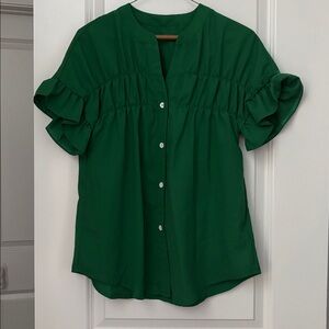 NWOT Green Button-Up Blouse with Ruffle Sleeves